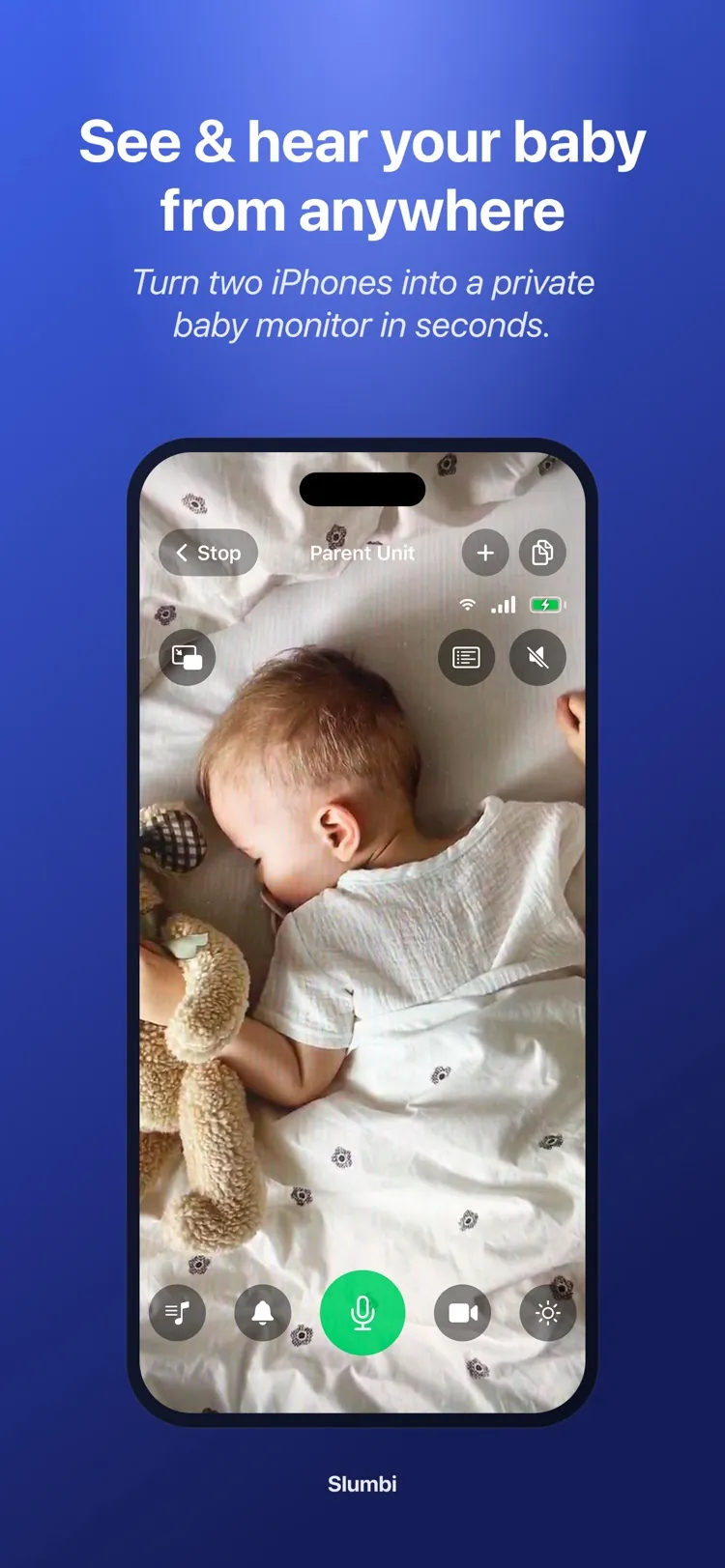 Slumbi parent screen showing live video of a sleeping baby, with stop, talk, alert and light controls