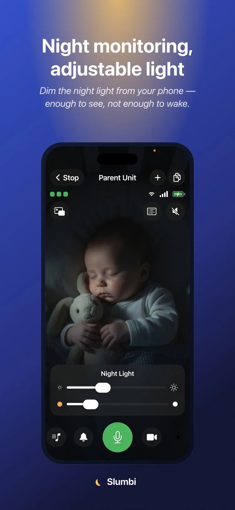 Slumbi night light with brightness and warmth sliders, over a dark nursery view